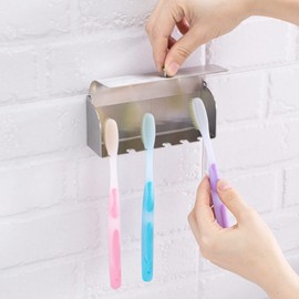 6-Slot Stainless Steel Toothbrush Holder with Cover - Wall Mounted, Dustproof, Self-Adhesive, Rustproof Bathroom Organizer for Toothbrush Storage (Silver)