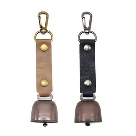 LZZEM 2 Pack Metal Vintage Mini Cowbell Bells Loud Bear Bells with Leather Button Strap Cow Horse Sheep Grazing Copper Pet Collar Accessories for Pets Training & Tracking Hiking Camping