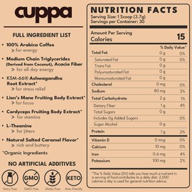 Cuppa Salted Caramel Healthy Mushroom Insant Coffee with Lion's Mane & Ashwagandha for All Day Energy & Focus - No Crash or Jitters - Nootropics for Brain Health, Gut Health, Immunity, Stress, Memory + Mood (30 Servings, Medium Roast)