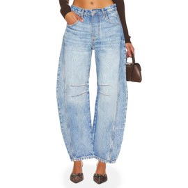 PLNOTME Women's Baggy Boyfriend Jeans Vintage Wide Leg Mid Rise Barrel Denim Ankle Pants