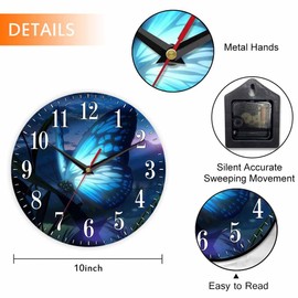 Mxocom Butterfly Wall Clock Beautiful Butterfly Radiant Blue Light 10 Inch Silent Non Ticking Battery Operated Clock Vintage Round Clock for Living Room Bedroom Bathroom Office Decor