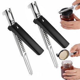 Multi-Function Tin and Can Opener, Effortless Arthritis Jar Opener for Seniors, Easy Grip for Weak Hands, Non-Slip, Stainless Steel, Cans Effortlessly, Bottles, and Opens Jars (2, Black)