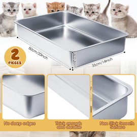 Suclain 2 Pcs Stainless Steel Litter Box Rust Proof Metal Cat Box Stainless Cat Litter Box Odor Control Small Litter Box and Non Slip Rubber Feet for Cats Kitten Non Stick Smooth (20 x 14 x 4 Inch)