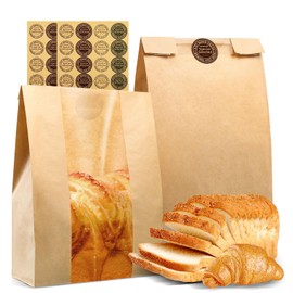 25 Pcs Kraft Paper Bakery Bags with Special Selected Stickers, Food Storage Paper Bags for Bread and Pastries