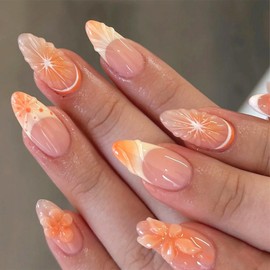 Almond Press on Nails Medium 3D Floral Fake Nails French Tip False Nails with Polka Dots Flower Designs Orange Fruit Acrylic Nails Handmade Nail Summer Glossy Glue on Nail for Women Girls 24Pcs