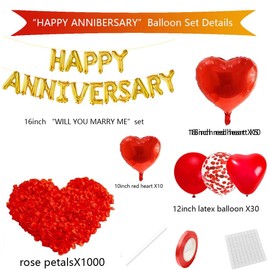 Anniversary Decorations, Happy Anniversary Banner, Heart Foil Balloons, Red Heart Latex Confetti Balloons, Red Rose Petals for Romantic Valentines Day, Anniversary Celebrations Party Decorations