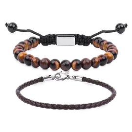 CARITATE Tiger Eye Bracelet Men Women 6mm - Beaded Bracelets for Men Tigers Eye Leather Bracelet Set Mens Jewelry - Cool Anniversary Valentines Fathers Birthday Gifts for Him Boyfriend Husband Man