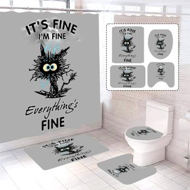 4Pcs Black Cat Shower Curtain Sets with Rugs Toilet Lid Cover and U Shape Mat,Cute Cat Shower Curtains for Bathroom 72x72in Funny Inspirational Quotes Waterproof Polyester Grey Fabric Bathroom Decor