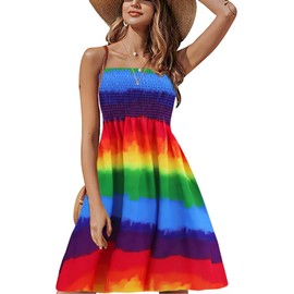 Strapless Dress for Women Summer Beach Bohemian Floral Tube Top Dress Women Sun Dresses Rainbow L