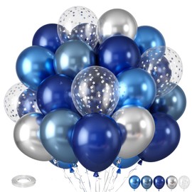 Blue Silver Balloons, Pearl Navy Blue Balloons Metallic light Blue and Silver Balloon Silver Star Confetti Balloon for Boys Girls Birthday Graduations Baby Shower Wedding Engagement Decorations