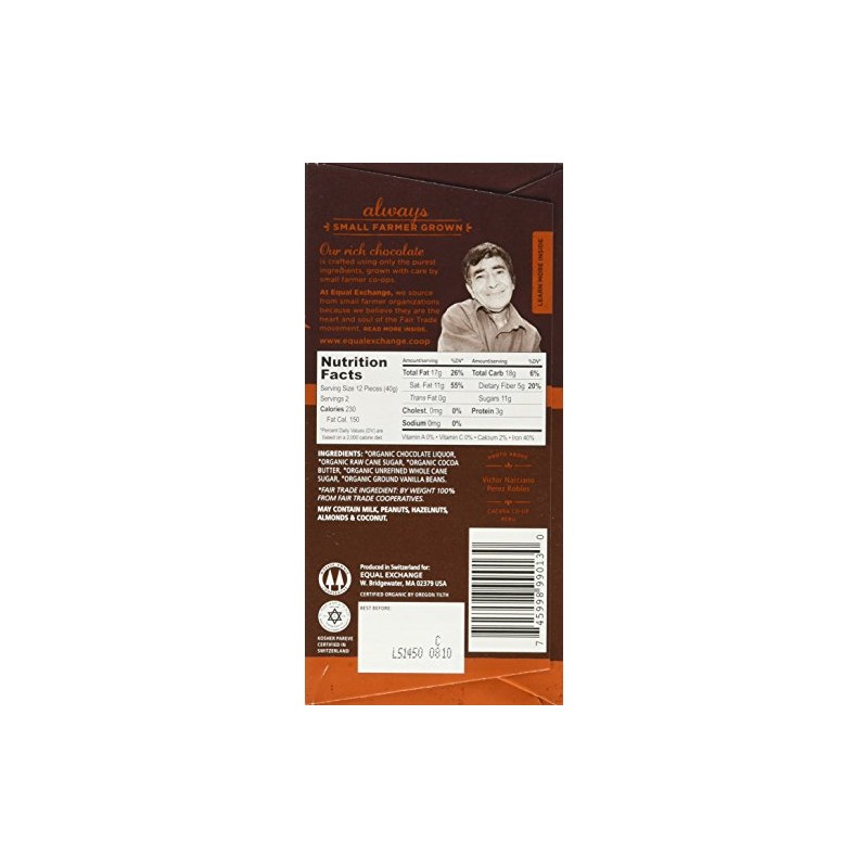 Equal Exchange Organic Very Dark Chocolate, 2.8 Ounce, Pack of