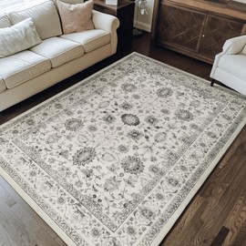 jinchan Area Rug 3x5 Oriental Washable Rug Vintage Floral Carpet Non Slip Retro Distressed Mat Thin Country Boho Floor Cover Farmhouse Carpet for Kitchen Living Room Bedroom Dining Room Grey