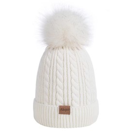 Kids Winter Beanie Hat, Children's Warm Fleece Lined Knit Thick Ski Cap with Pom Pom for Boys Girls (White)