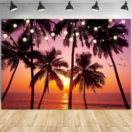 Msocio 7x5ft Sunset Polyester Summer Beach Backdrop Hawaiian Tropical Palm Leaves Aloha Luau Party Decoration Surfboard Photography Background for Baby Shower Happy Birthday Party Photo Studio Props