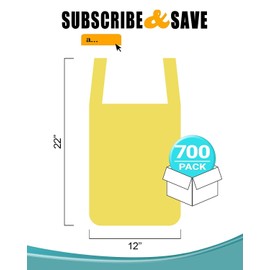 APQ Supply Yellow T-Shirt Bags, 12 x 6 x 22 Inches. Pack of 700 Plastic Merchandise Bags, 18 Micron. Unprinted Grocery Bags with Handles. High Density Polyethylene Shopping Bags for Small Business