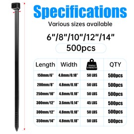 DUNSOO 500 Pack Black Cable Ties, 300mm x 3.6mm Premium Nylon Zip Ties, Heavy Duty Tie Wraps for Wire Management, Home, Garden, Office and DIY