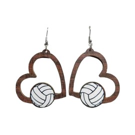 Wooden Football Soccer Baseball Basketball Volleyball Leopard Print Earrings Boho Sports Game Teardrop Heart Round Shape Drop Dangle Earrings for Women Sports Jewelry Gift-heart volleyball