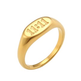 PAMTIER Women's Stainless Steel Oval Signet Ring Engraved with 11:11 Angel Number Minimalist Statement Band Gold Size 6