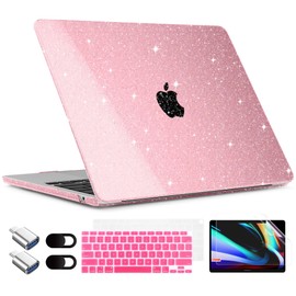 TWOLSKOO for MacBook Air 13 Inch Case 2021-2018 Release M1 A2337 A2179 A1932 Touch ID, Glitter Bling Plastic Hard Shell Case with Keyboard Cover & Type C Adapter 2 Pack & Camera Cover, Sparkly Pink