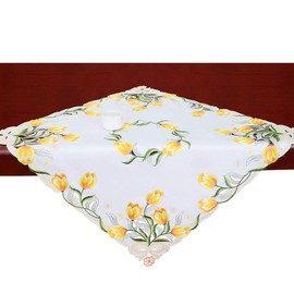 Simhomsen Small Embroidered Tulip Floral Square Tablecloth for Spring and Easters, Toppers, Tablecovers for End Table, Tea Table, Coffee Table and Nightstand (Yellow, 33 × 33 Inch)