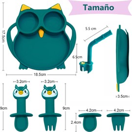 Juego de platos para Niños Pequeños,Plato Bebé de Silicona con Ventosa,Plato para Bebé Antiderrapante y Adherible,Apto para Microondas,Sin BPA, que Incluye Platos, Tenedores, Cucharas y Pajitas(Verde)