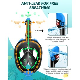 Viginsul Mask Fins Snorkeling Gear for Adults, Full Face Snorkel Mask & Adjustable Swim Fins Snorkel Set, Panoramic View Snorkel Mask Dry Top Anti-Fog Anti-Leak (Black Blue, S/M mask+L/XL fins)