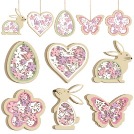 Pack of 24 Easter Decoration for Hanging, Spring Decoration Pendants, Wooden Easter Bunny, Easter Eggs, Butterflies, Flowers, Easter Decoration (Pink