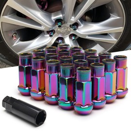 WENJTP 20pcs Neochrome Cold Forged Steel 12mm*1.25 Lug Nuts Extended Tuner Wheel Nuts Modified Nuts Open End Compatible with Various Types of Vehicles HTRACING