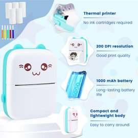 Mini Thermal Printer, Bluetooth Labler Maker, Portable Label Printer, Mini Printer Compatible with Android and ios, Printable Photos, Lists, QR Codes, Notes(With 5 Roll Thermal Paper+5 Colored Pens)