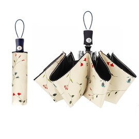 Cuby UV Sun Umbrella Compact Folding Travel Umbrella Auto Open and Close for Windproof, Rainproof & 99% UV Protection Parasol with Black Anti-UV Coating (Flowers)