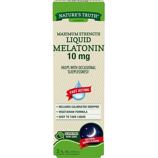 Nature's Truth Melatonin Liquid | 10 mg | 2 Fl oz Maximum Strength for Adults | Natural Berry Flavor | Vegetarian, Non-GMO, Gluten Free
