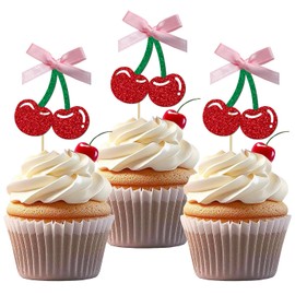 24 Pack Cherry Cupcake Toppers, Glitter Sweet Cherry Cupcake Pick for Fruits Theme Baby Shower and Birthday Decorations Supplies