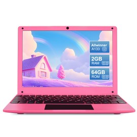 ZHAOHUIXIN Mini Android 12 Laptop Computer, Portable Small Netbook with Allwinner A133 CPU Android 12 OS 2GB RAM 64GB EMMC HD IPS Screen 1920x800 0.3MP Camera(Pink)