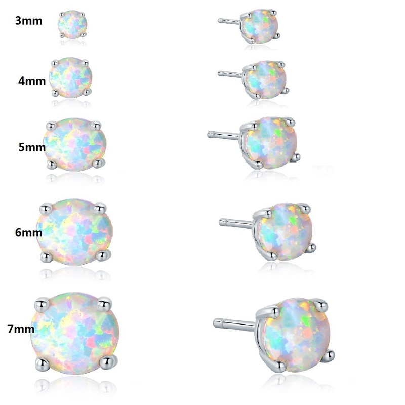 GEMSME 18K White Gold Plated 3/4/5/6/7mm Round Opal Stud Earrings