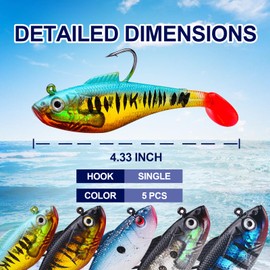 pclapora 5 Stück Gummifische Angelköder, Gummifische mit Jigkopf, Kunstköder Angelköder Set, für Forelle Zander Barsch Gummiköder Paddelschwanz Angel-Jigs Kaöderfische für Süß und Salzwasser (11CM)