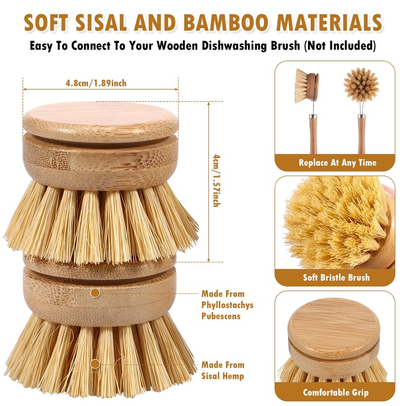 6Pcs Bamboo Dish Brush Soft Sisal Bristle Dish Washing Brush