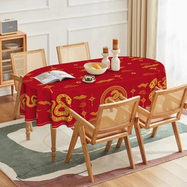 Horaldaily Newyear Tablecloth 60×84 Inch Oval, Chinese Snake Lunar New Year Red Washable Table Cover for Party Picnic Dinner Decor
