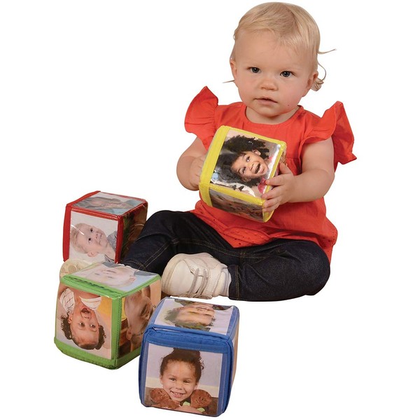 Constructive Playthings Stacking Blocks with Photo Pockets, 4-Piece Foam Baby Blocks Holds 24 Photos, Builds Fine Motor Skills, Spatial Reasoning, Toddler Toys for Ages 12 Months & Older