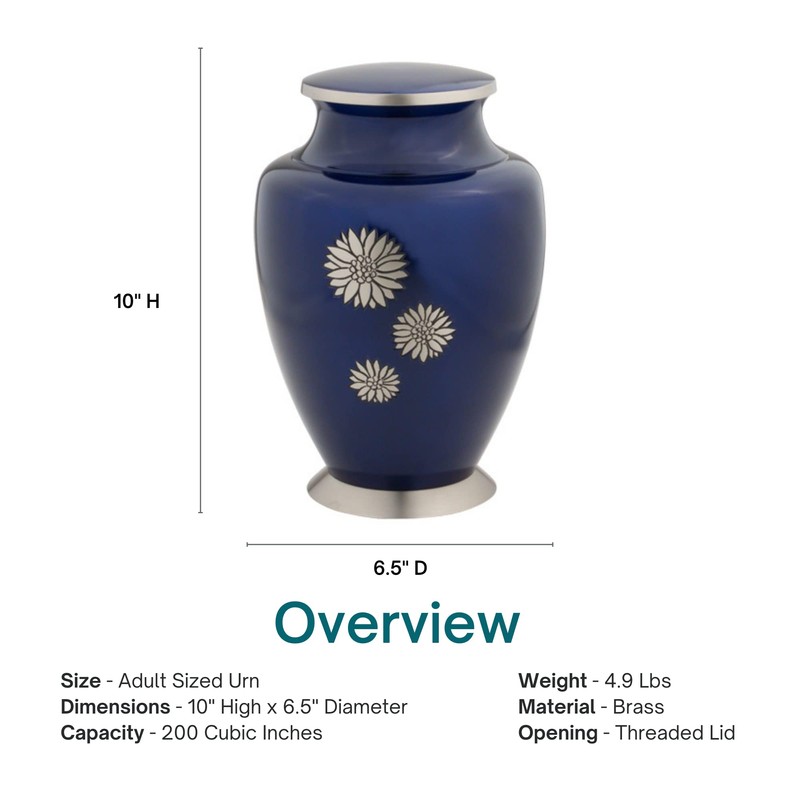 Flowers of Peace Cremation Urn for Ashes, Brass, Blue Urn,