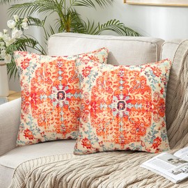 Chicamy 50 x 50 cm Linen Cushion Cover Boho Decorative Double-Sided Print Cushion Covers Turkish Rug Pattern Vintage Decorative Cushion Cover for Sofa Living Room Bedroom Garden Set of 2
