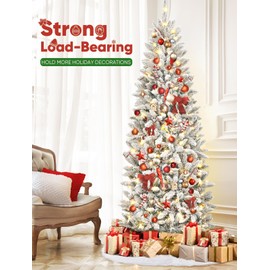 Flocked Christmas Tree with Slim Design,Prelit Christmas Tree with 710 Realistic Branch Tips and White Tree Skirt,Artificial Christmas Tree,Easy to Set,6ft Pencil Christmas Tree