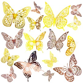 JOSDIOX 3D Reflective Dot - Patterned Gold & Gold Rose Butterfly Wall Stickers - 24 Pcs with 4 Styles & 3 Sizes, Removable Decor for Party Birthday Wedding Cake Balloon Decoration (Golden/Rose)