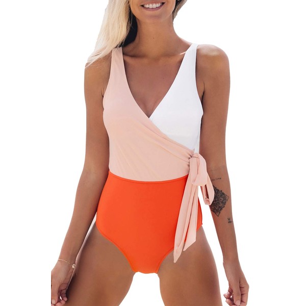 CUPSHE Women's Orange White Bowknot Bathing Suit Padded One Piece Swimsuit, M