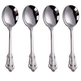 Siaiqiang Gorgeous Round Soup Spoons,18/10 Stainless Steel Fine Embossed Texture Soup Spoons Set,Table Spoon Silverware,Bouillon Spoons,Silver (4 pack)