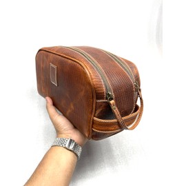 Leathers Toiletry Bag, Premium Genuine Leather Vintage Travel Shaving Kit : for Toiletries, Cosmetics & More : Spacious Interior & Waterproof Lining : Compact, (Tan lizard print)