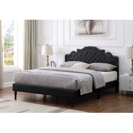 Queen Upholstered Platform Bed Frame with 47" Tall Adjustable Headboard - Button Tufted Linen Bed - Wood Slat Support with Storage Space - No Box Spring Needed - Black - Oliver & Smith - Elizabeth