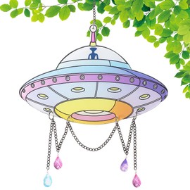 Colorful UFO Hanging Decoration with Chain & Bead Alien UFO Hanging Ornament for Home Garden Christmas UFO Party Gift