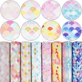 Juego de 8 hojas de piel sintética de 21 cm x 30 cm, serie de escamas de sirena mixtas, tela de impresión de purpurina fina para lazos de cuero, aretes