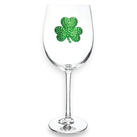 THE QUEENS' JEWELS Shamrock Jeweled Stemmed Wine Glass - Unique, Birthday, Cute, Fun, St Patricks Day, Not Painted, Decorated, Bling, Bedazzled, Rhinestone