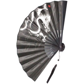 Fashionberry 1130312-F-613 Black Dragon Fan, Double Sided, Japanese Style, Japanese Pattern, Japanese Folding Tassel, Lightweight, Large Size, Heavy Summer, Festivals, Fengshui, Blue Dragon, White Tiger, 9.4 inches (24 cm)